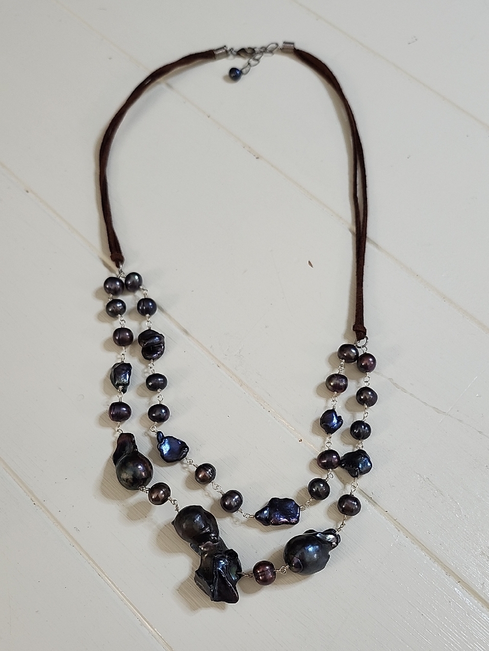 Baroque Peacock Freshwater Pearl Double Strand Necklace On Suede Cord